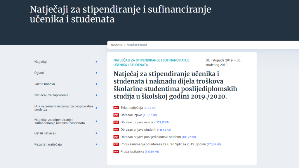 Grad Split - Natječaj za stipendiranje učenika i studenata